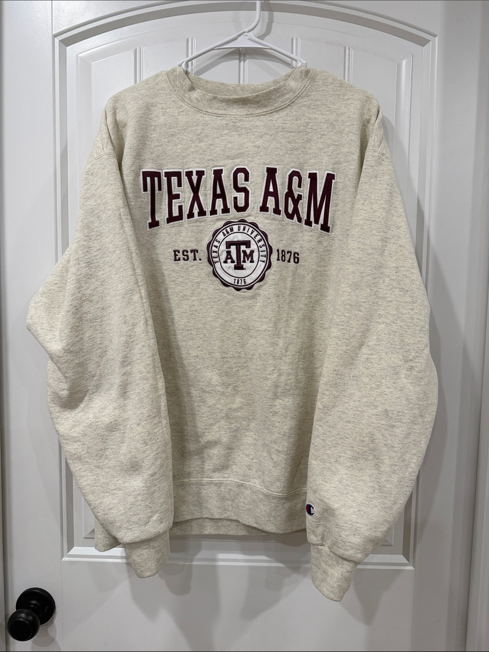EUC Champion Texas A&M Crewneck Sweatshirt in Oatmeal with Maroon Logo